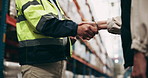 Business people, team and handshake with greeting at warehouse for discussion or deal in logistics. Closeup of employees or colleagues shaking hands for storage, supply chain or distribution at depot