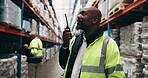 Black man, supplier and communication with radio in storage warehouse or timelapse for logistics or supply chain. African contractor, male person or manager on mic for control on stock or inventory