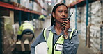 Woman, supplier and communication with radio at warehouse for quality control, logistics or supply chain. Female person, contractor or storage manager talking on channel for maintenance on inventory