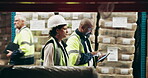 Logistics, people and teamwork with tablet in warehouse for inventory check, shelf inspection or distribution safety. Cargo shipping, supervisor and discussion for quality control and delivery import