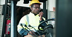 Construction site, walkie talkie and black man with forklift, conversation and planning for decision. African person, employee and inspector with checklist, helmet for safety, talk and communication 