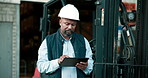 Shipping, man and tablet outdoor at warehouse for inspection, cargo control and supply chain management. Black worker, mature supervisor and tech for parcel tracking, distribution and export safety