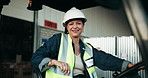 Woman, face and driver in warehouse with truck for logistics with smile, fast and slow with helmet for job. Person, happy and vehicle for supply chain with transport at industrial factory in Colombia