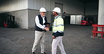 Men, handshake and agreement for shipping, logistics and tablet for stock, freight and diversity at warehouse. People, happy and shaking hands with deal, contract and distribution for supply chain