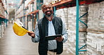 Happy black man, supplier and helmet with tablet at warehouse for storage, logistics or inspection. Portrait of African contractor, male person or manager with smile on technology for supply chain