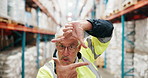 Face, hands and frame with man in warehouse, funny and capture with distribution, logistics and humor. Portrait, person and inspector with commitment to quality assurance, ecommerce and supply chain