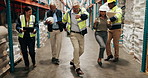 Group, management and dancing in warehouse, employee and storage inspection with supply chain. People, factory or coworkers with movement, celebration or inventory clearance with package distribution