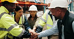 Happy people, hands together and motivation with team applause at warehouse for storage, logistics or supply chain. Group of employees piling and clapping for good job, well done or success at depot