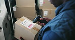 Hands, scanner and man with boxes for delivery, supply chain and logistics with cargo. Person, courier and employee with equipment, cardboard and business with ecommerce and parcel for barcode check