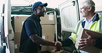 Businessman, box and handshake with package for delivery, supply chain or transportation service. Happy man, courier guy and customer shaking hands for signature, cargo or distribution of parcel