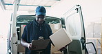 Logistics, box and delivery man with clipboard by car, inspection and distribution of orders. Van, black person and supply chain with document, checklist and shipping service for courier company