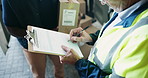 Man, hands and delivery with signature for box, package or supply chain in transportation service. Closeup of customer signing paper with courier guy on clipboard for parcel, cargo or distribution