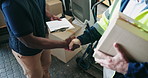 Warehouse, handshake and delivery man with box, checklist or trust in distribution transport. Package, courier and logistics worker shaking hands with clipboard, mail or agreement for deal exchange