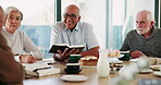 Worship, bible study and senior people in living room with faith, conversation or learning. Religion, cake and friends with holy book for reading, spiritual education or knowledge in retirement home
