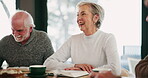 Happy, senior people and book club in nursing home for lesson, knowledge and education. Laugh, elderly group and bible study in common room for learning, history information and scripture reading