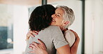 Hug, smile and senior mother with woman in house for connection, care and bonding together. Happy, family and elderly mom embracing daughter for greeting at visit for sweet moment in retirement home.