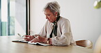 Elderly woman, reading and book for bible study, faith and learning knowledge of Christian scripture. Senior person, religion and notes for holy spirit, worship and teaching of gospel of Jesus Christ