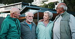 Senior, people or talking of fitness outdoor with exercise break, retirement workout or laughing for bonding. Elderly, friend group or relax in neighborhood with conversation about health or wellness