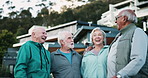 Senior, people or fitness with laughing outdoor for exercise break, retirement workout or bonding with funny story. Elderly, group or relax in neighborhood with conversation about health and wellness