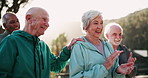 Group, applause and old people with fitness in park, wellness and retirement with goals. Senior friends, outdoor and pensioners clapping, exercise and training with achievement and community activity