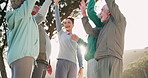 Coach, senior people and celebration with fitness for training, exercise and team goals for wellness. Happiness, men and women with mentor for achievement, friends success and hands together in park