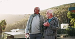 Senior, men and talking with fitness outdoor in morning with pointing for walking direction, workout and exercise. Elderly, friends and conversation in neighborhood for wellness and retirement cardio