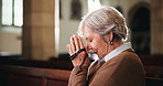 Rosary, prayer and senior woman in church with faith, gratitude and spiritual respect at funeral. Praise, religion and elderly person in Christian chapel with beads for worship, peace and meditation