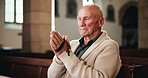 Rosary, prayer and senior man in church with faith, gratitude and spiritual respect in retirement. Praise, religion and elderly person in Christian chapel with beads for worship, peace and meditation