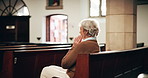 Bench, prayer and senior woman in church with faith, gratitude and spiritual respect in meditation. Praise, religion and elderly person in Christian chapel with reflection, morning worship and peace