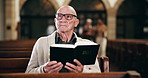 Bible, prayer and old man in church with peace, thinking and spiritual respect in meditation. Praise, religion and elderly person in chapel reading holy book for morning service, worship and faith