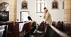 Elderly, man and walking with caregiver in church for walker assistance, religion or sunday service. Senior person, woman and mobility support in chapel for spiritual sermon and helping to praise God