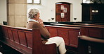 Connection, prayer and senior woman in church with faith, gratitude and spiritual respect in meditation. Praise, religion and elderly person in Christian chapel with reflection, worship and peace