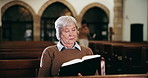 Peace, prayer and old woman in church with bible, faith and spiritual connection to Christian God. Thinking, religion and elderly person in chapel with insight, worship and reading book in service