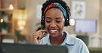 Black woman, headset and talking online for consultation with client support, telecom and call in home. African female agent, discussion and customer service with remote work, contact us and crm chat