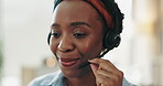 Call center, black woman and consultant talking in home with customer service, technical support or virtual assistant. Telemarketing agent, employee and headset with remote work or help desk operator