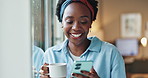 Cafe, business and black woman with smartphone, coffee and smile with typing, internet and smile. African person, client or girl with herbal tea, cellphone and mobile user with cappuccino or espresso