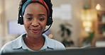 Black woman, headset and online discussion or consultation for telecom, crm call and contact us in home. African translator, virtual chat and customer service for multilingual support, talk and help