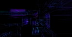 Graphic, pattern and effect with abstract platform, above or floating lines on a dark background. Particles, blocks or geometric shapes of futuristic loop, motion or rotation of neon or 3D building