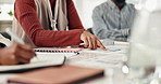 Office, meeting and hands of business people with documents for finance analysis, feedback and review. Corporate, company and workers with paperwork, chart and graphs for budget, statistics or report