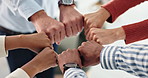 Business people, group circle and fist for teamwork with support, motivation and integration in office. Employees, mission and power sign together for staff synergy, cooperation and team building