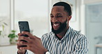 Office, happy and business black man with phone on break for communication, contact and networking. Professional, corporate and worker typing on smartphone for internet, website and social media
