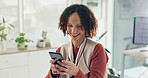 Office, happy and business black woman with phone on break for communication, contact and networking. Professional, corporate and worker typing on smartphone for internet, website and social media