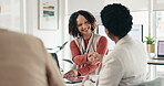 Women, client and handshake in business meeting, smile and happy for deal of partnership in boardroom. Holding hands, discussion and agreement for merger of company, IT specialist and colleagues