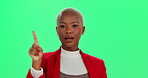 Black woman, face and pointing with expressions on green screen for dance, news announcement and advertising. Excited, female person and hand gestures for presentation, promotion and launch feedback