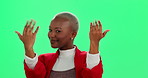 Green screen, pointing and winner with woman in studio for choice, motivation or vote. Opportunity, yes and you with portrait of happy African person on mockup for decision, selection or success