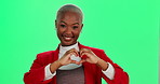 Happy, black woman and heart with emoji on green screen for love, share or review on a studio background. Portrait of young African, female person or model with like symbol, shape or sign for care