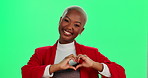 Happy, black woman and heart hands with green screen for love, share or review on a studio background. Portrait of young African, female person or model with like symbol, shape or emoji sign for care