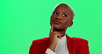 Black woman, thinking and green screen with idea for solution, decision or choice on a studio background. Young African, female person or model in wonder, thought or contemplating for plan of action