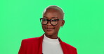 Black woman, optometry and green screen with glasses for specialist, consultation and medical professional. Female person, spectacles and eye wear in studio for ophthalmology for size, frame and lens