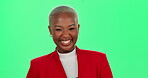 Business woman, green screen and laughing for comedy, corporate and confidence as product merchandizer. Black female person, happiness and pride as retail employee with career, joke or meme in studio